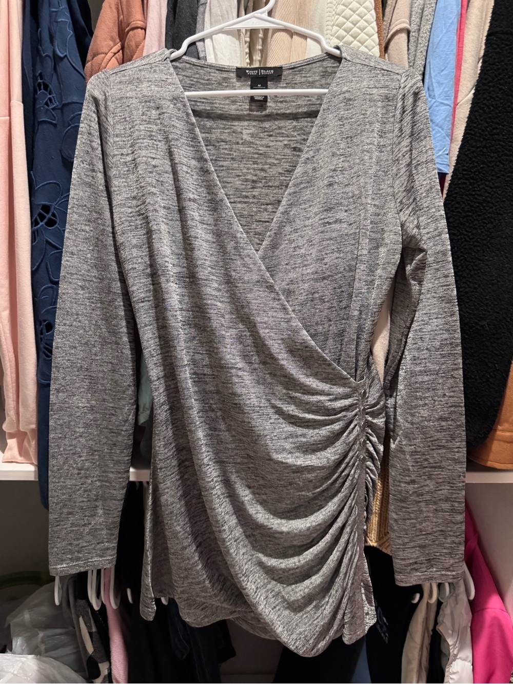 White House Black Market Heather Gray Ruched Wrap-Front Long Sleeve Tunic